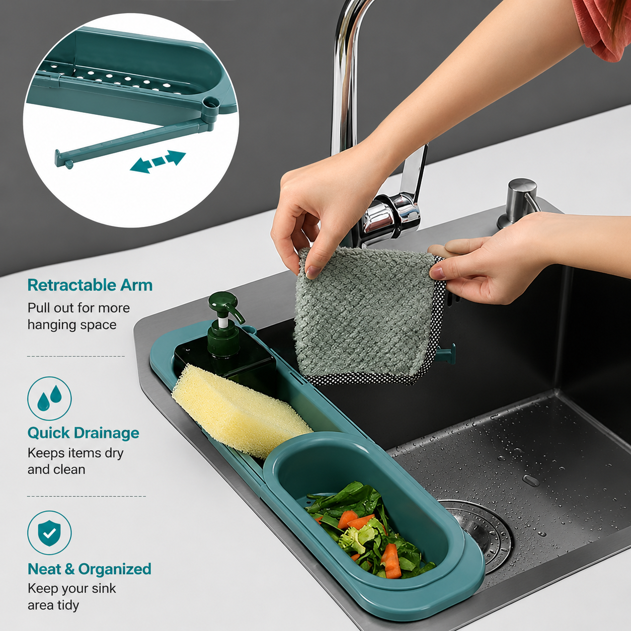 Telescopic Sink Shelf Drainer Rack Kitchen Organizer Soap Sponge Holder Towel Rack Storage Organizer Basket Gadgets Accessories