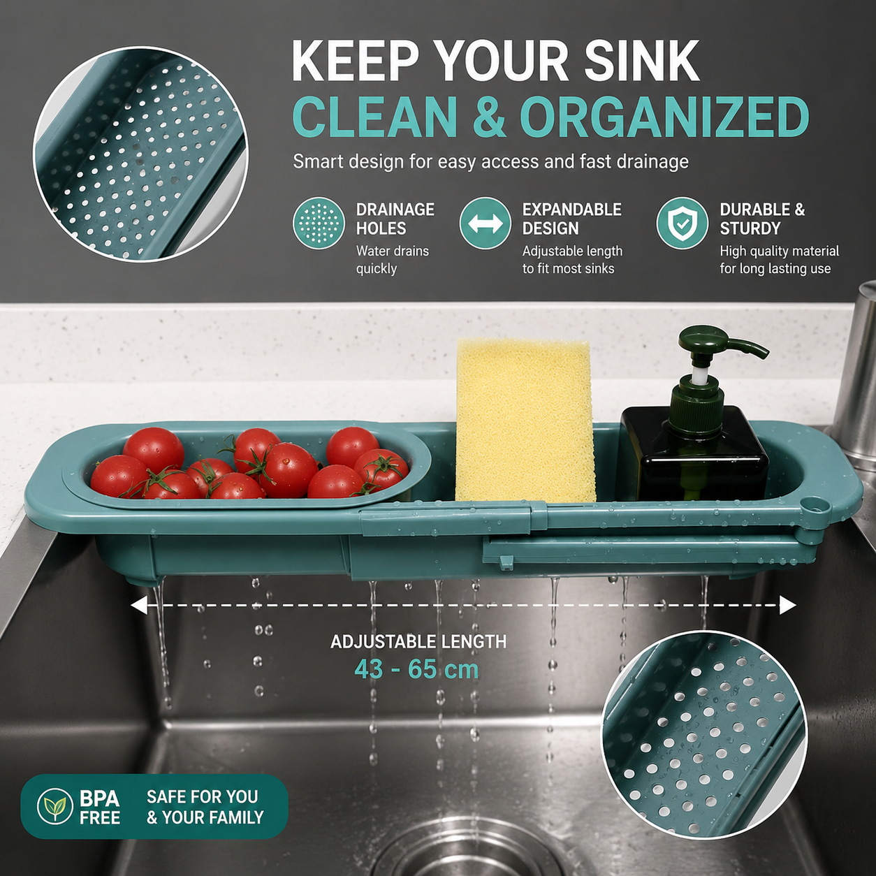 Telescopic Sink Shelf Drainer Rack Kitchen Organizer Soap Sponge Holder Towel Rack Storage Organizer Basket Gadgets Accessories