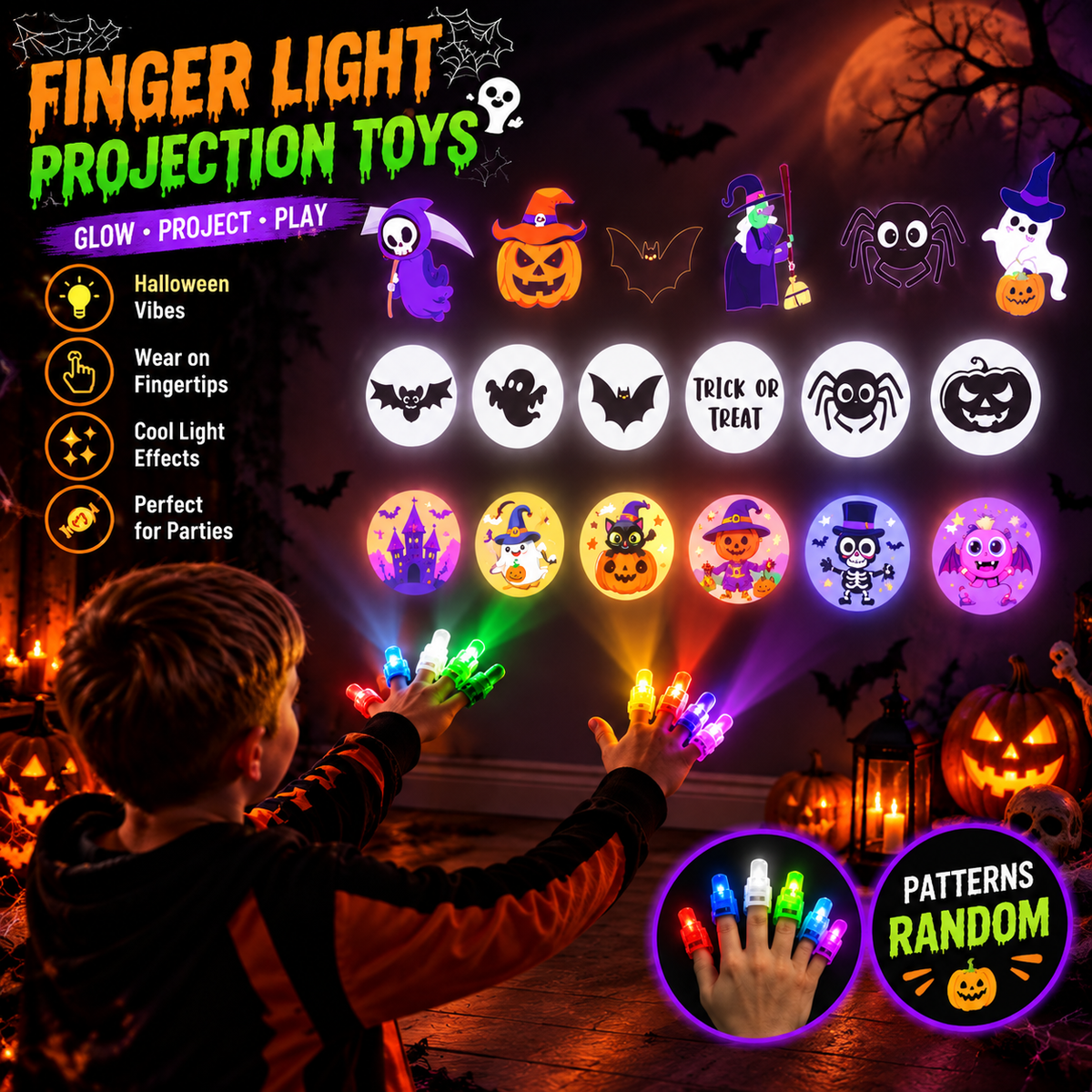 4-Pack Spooky Halloween LED Finger Projection Lights