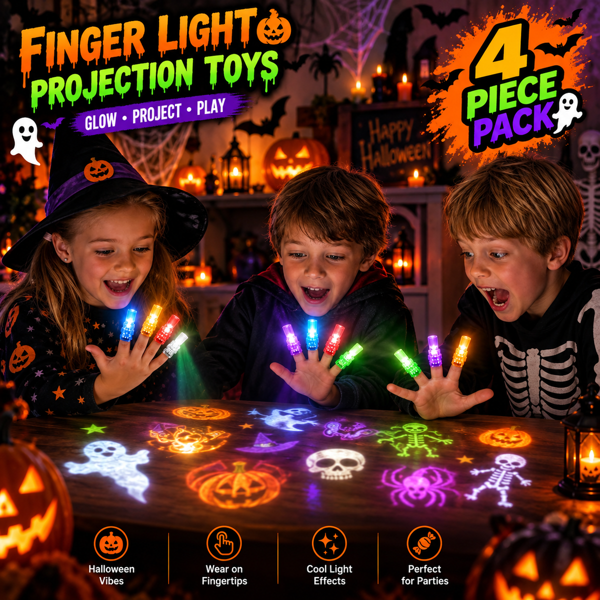 4-Pack Spooky Halloween LED Finger Projection Lights
